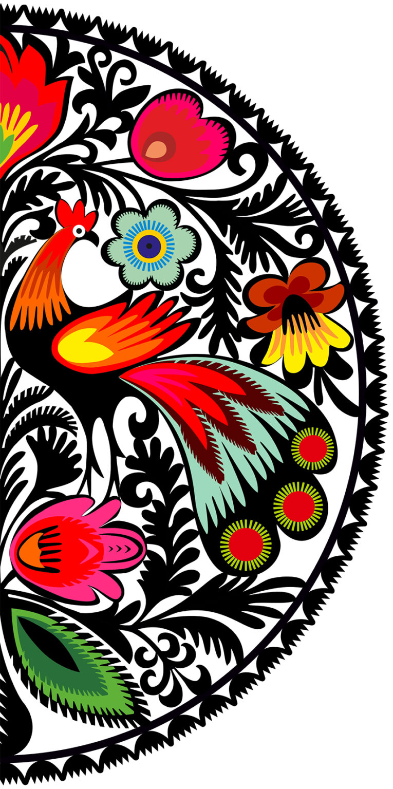 Logo Festiwalu, półkole, wzór wycinanki, w centralnej części kogut