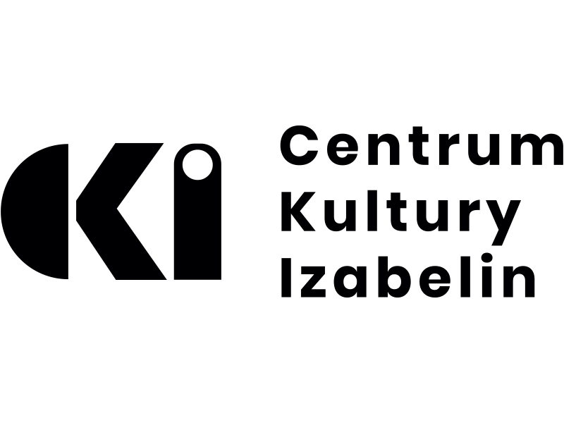 czarny napis Centrum Kultury Izabelin (każde słowo pod sobą), po lewej stronie Logo składające się z czarnych liter CKI