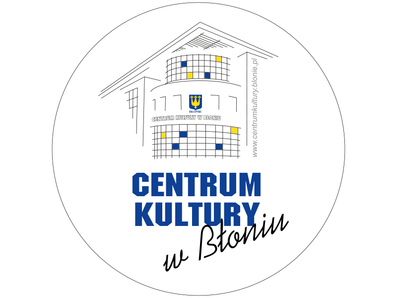 okrąg, w środku grafika przedstawiająca budynek Centrum Kultury, poniżej niebieski napis centrum kultury, niżej czarny napis w błoniu