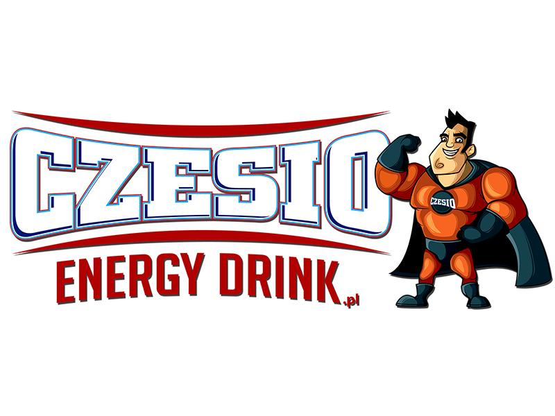Biały Napis Czesio, poniżej czerwony napis ENERGY DRINK, po prawej stronie postać supermana