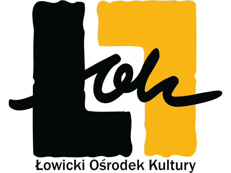 Logo Łowickiego Ośrodka Kultury, czarny napis ŁOK, w środku,, po lewej czarna litera L, po prawej odwrócona żółta litera L